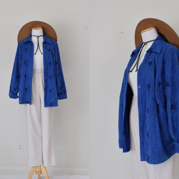 Plus‎ size Vintage 90s Blue Polyester Embroidered Shirt size 1X - Picture 1 of 10